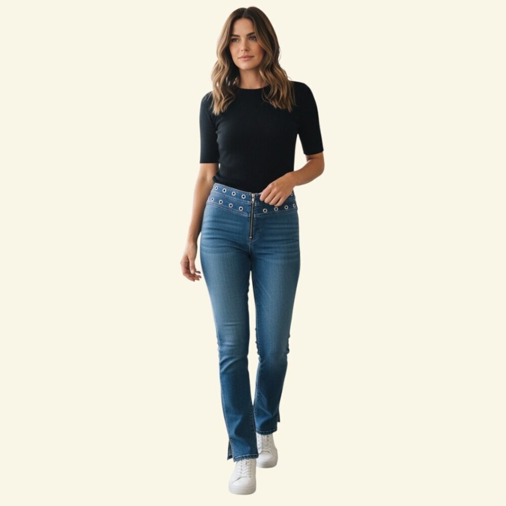 Jane Doe Women Blue Mid Rise Grommets Bootcut Side Slit Denim Jeans Jr 7/8 EUC